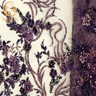 پارچه توری گلدوزی سه بعدی بنفش زیبا برای لباس مجلسی زنانه