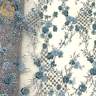 پارچه توری منجوقی مشبک گلدوزی سه بعدی آبی برای لباس